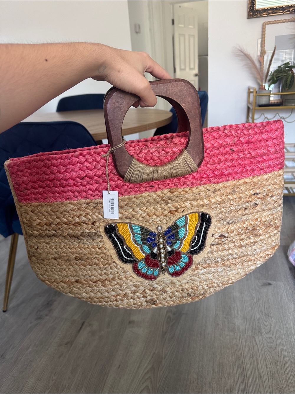 Straw Butterfly Tote Bag with Pink Trim
